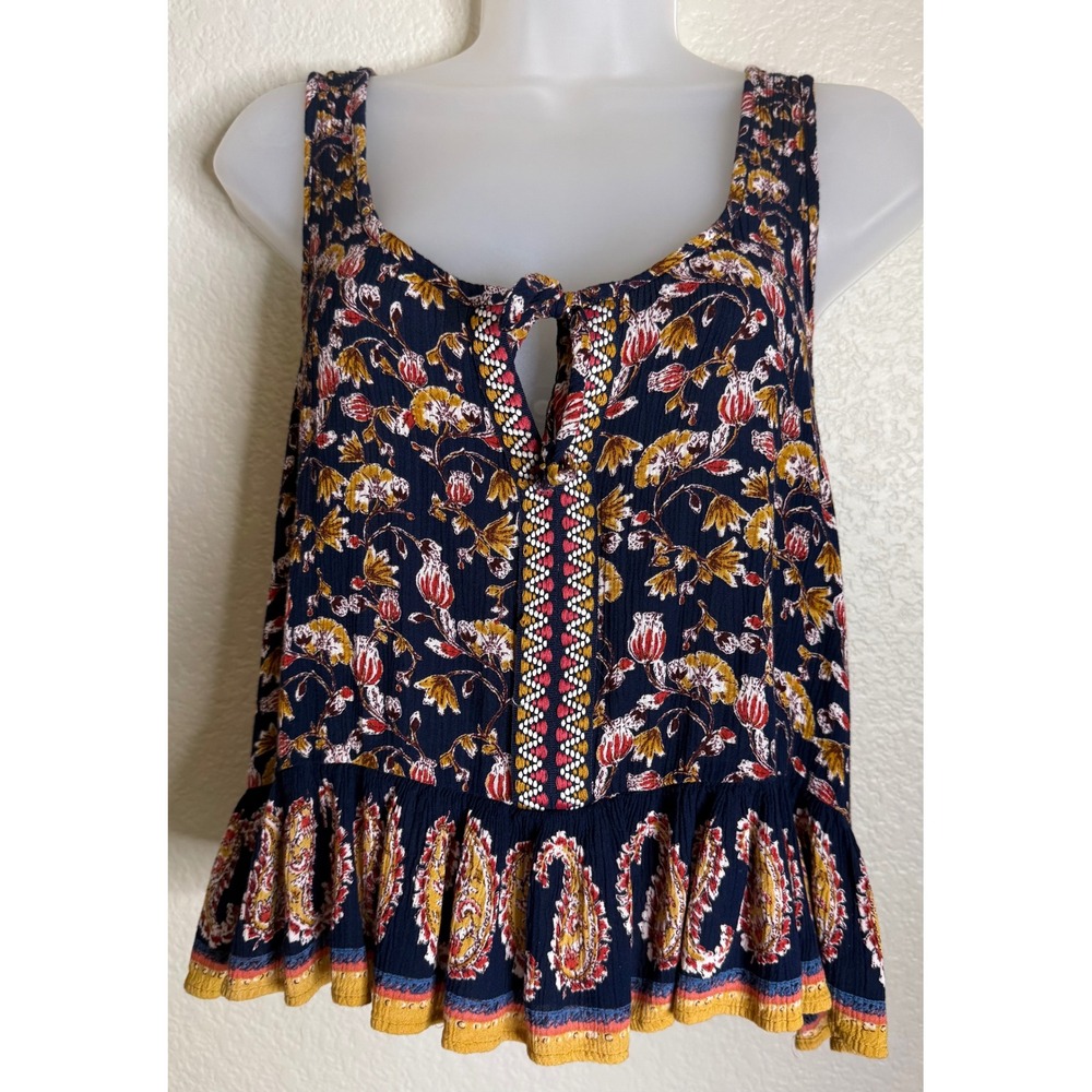 Patrons of Peace Womens Small Tank Top Navy Blue Floral Paisley Boho Peplum Tie